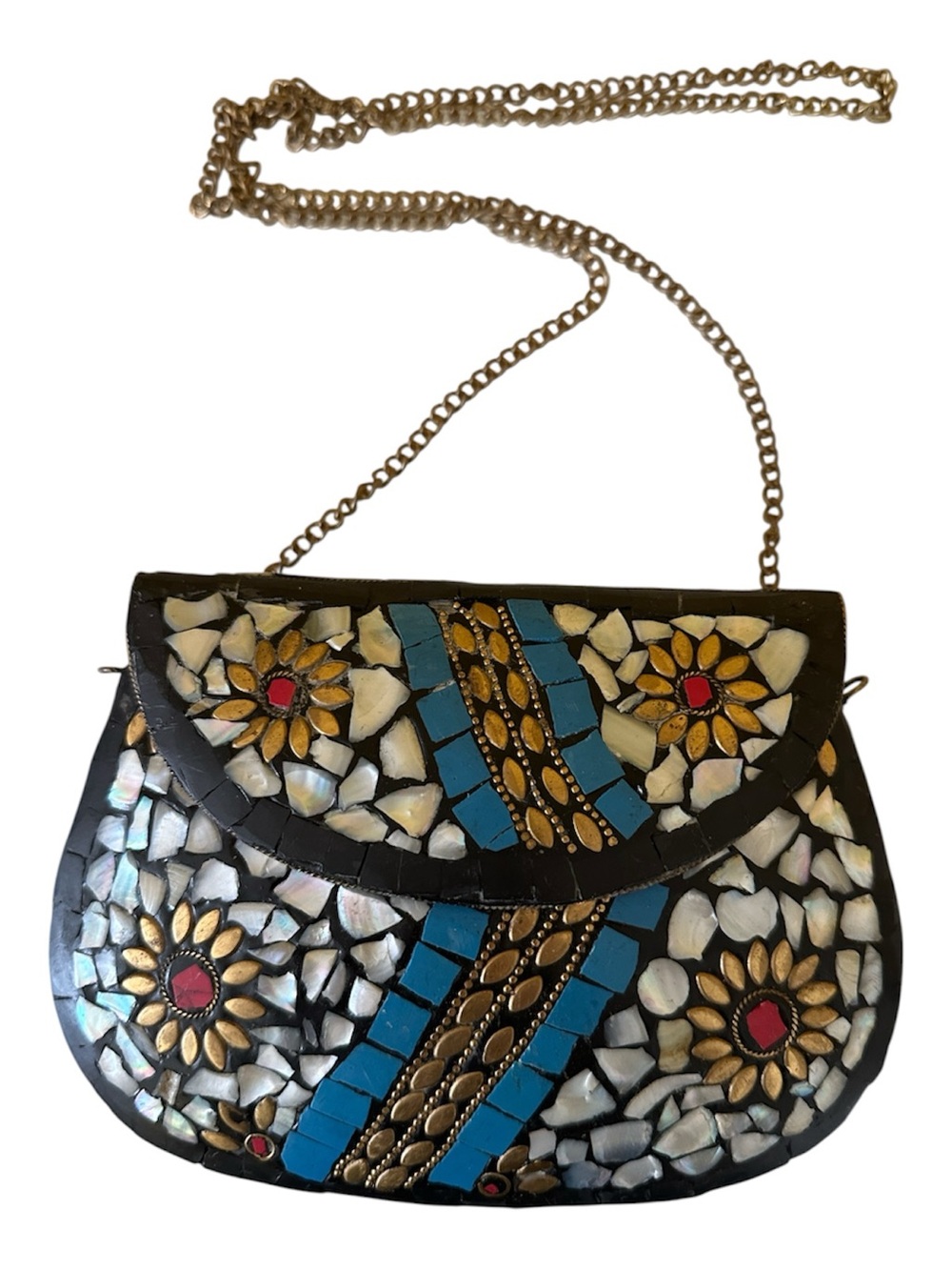 Handcrafted Moroccan Mosaic Flower Evening Boho Crossbody Bag in Blue and White